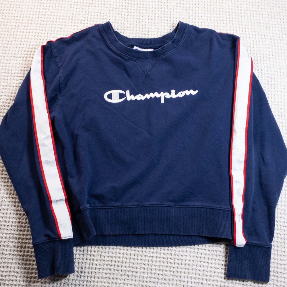 Champion Navy Blue Crewneck Sweatshirt Tape Logo Sleeve Stripes Small